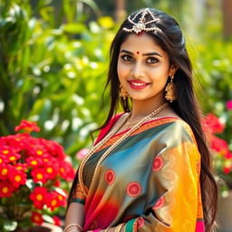 A beautiful and attractive Hindu woman, elegantly dressed in a colorful saree, standing gracefully in a vibrant outdoor setting