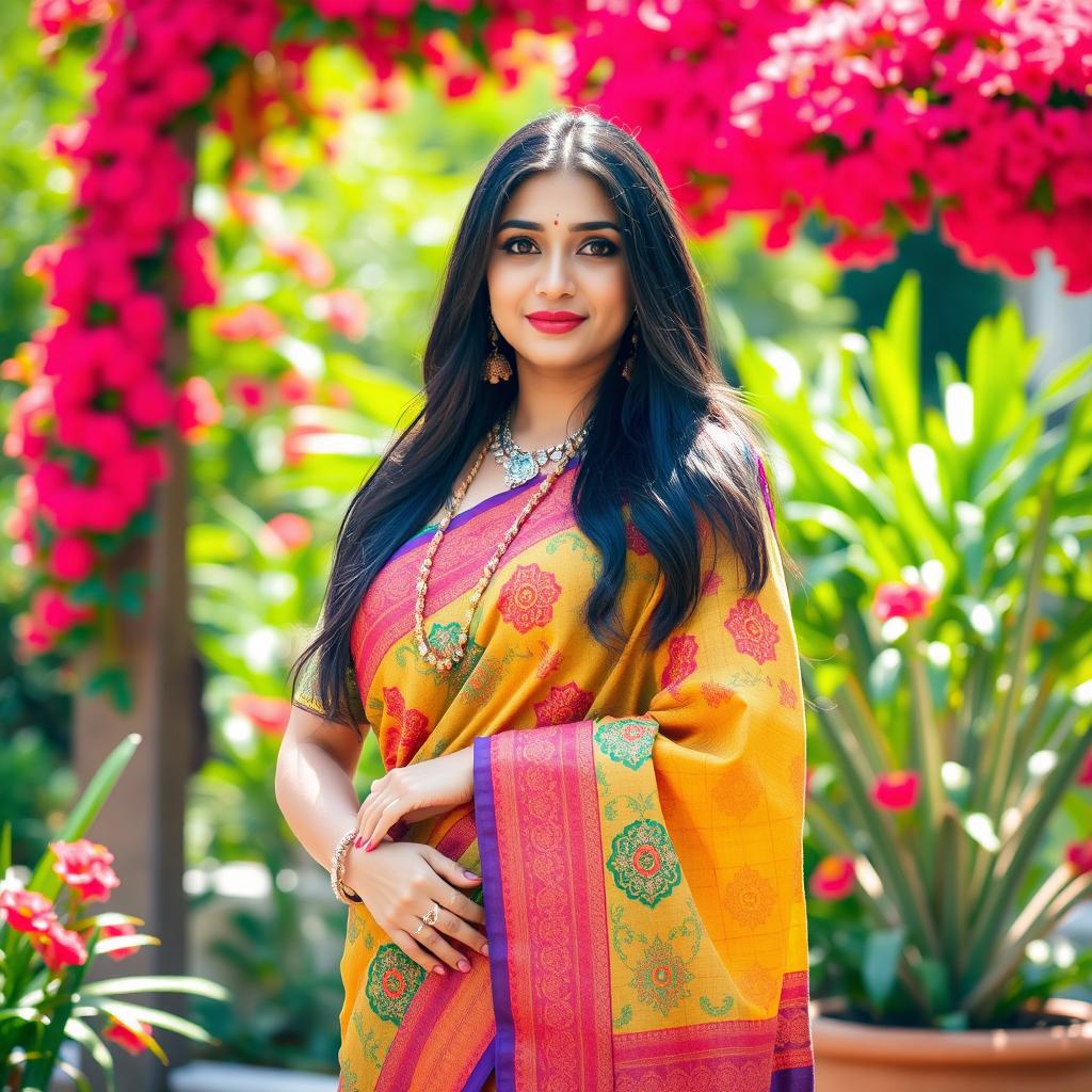 A beautiful and attractive Hindu woman, elegantly dressed in a colorful saree, standing gracefully in a vibrant outdoor setting