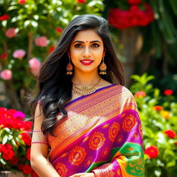 A beautiful and attractive Hindu woman, elegantly dressed in a colorful saree, standing gracefully in a vibrant outdoor setting