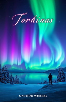 A captivating book cover design featuring the northern lights illuminating a serene landscape