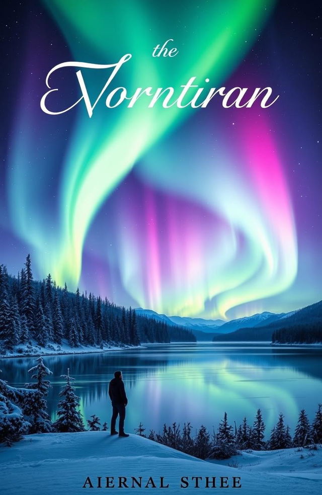 A captivating book cover design featuring the northern lights illuminating a serene landscape