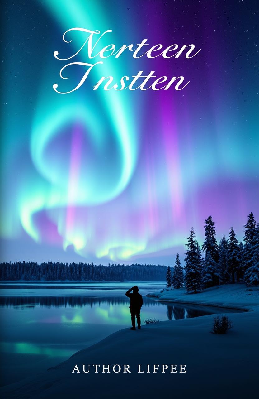 A captivating book cover design featuring the northern lights illuminating a serene landscape