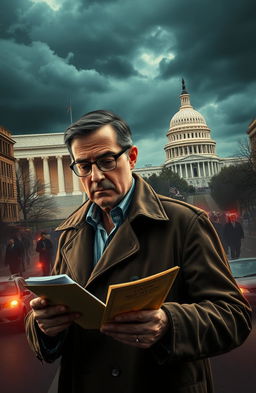 A gripping mystery scene set in Washington DC, featuring a detective examining clues in front of iconic landmarks like the Lincoln Memorial and Capitol Building