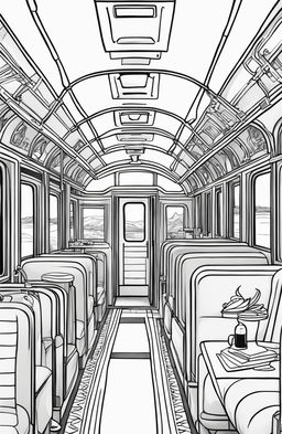 Series of coloring book pages featuring different aspects of a Wes Anderson-inspired train journey: the train itself, an interior carriage scene, the train in a landscape, and the conductor