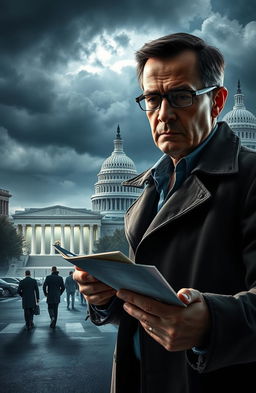 A gripping mystery scene set in Washington DC, featuring a detective examining clues in front of iconic landmarks like the Lincoln Memorial and Capitol Building