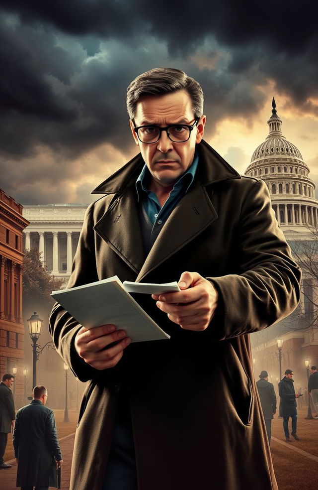 A gripping mystery scene set in Washington DC, featuring a detective examining clues in front of iconic landmarks like the Lincoln Memorial and Capitol Building