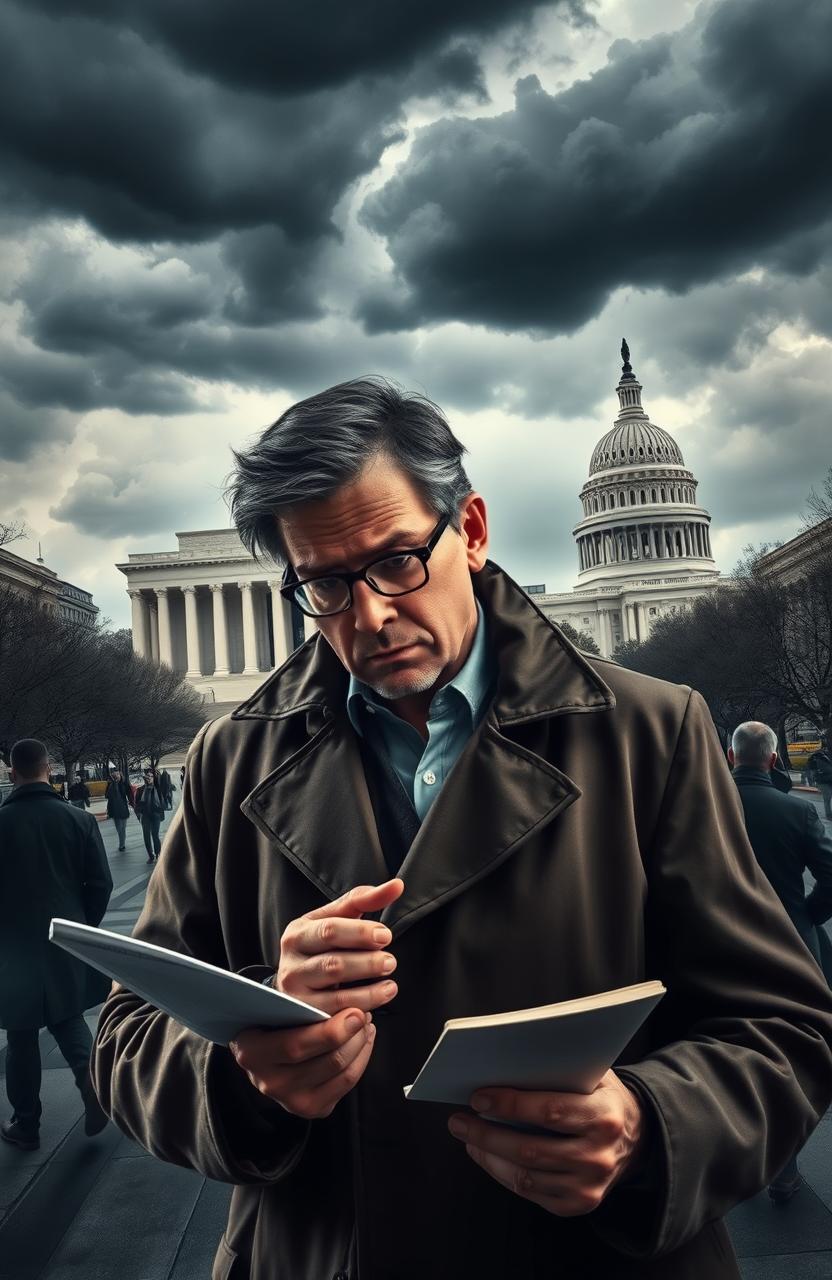 A gripping mystery scene set in Washington DC, featuring a detective examining clues in front of iconic landmarks like the Lincoln Memorial and Capitol Building