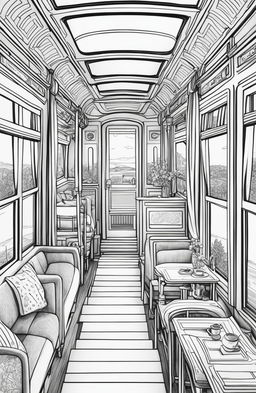 Series of coloring book pages featuring different aspects of a Wes Anderson-inspired train journey: the train itself, an interior carriage scene, the train in a landscape, and the conductor