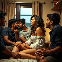 An intimate and romantic scene set in a cozy hostel room featuring Kiara Advani, an enchanting Indian actress, gracefully showcasing her side profile in a vulnerable moment