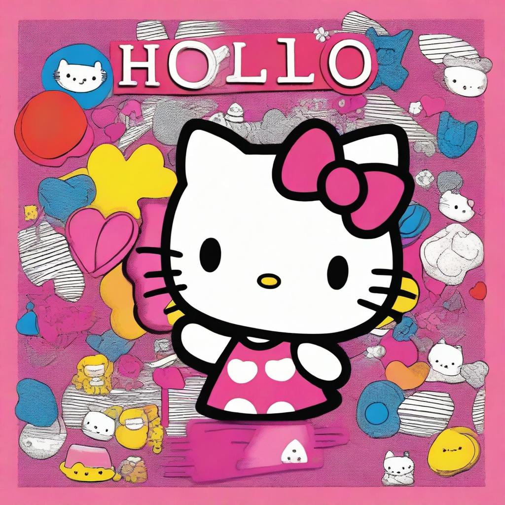 Vibrant, highly detailed portrayal of Hello Kitty, displaying intricate textures, as she happily holds up a large sign that reads 'Me'