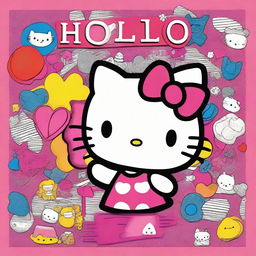 Vibrant, highly detailed portrayal of Hello Kitty, displaying intricate textures, as she happily holds up a large sign that reads 'Me'