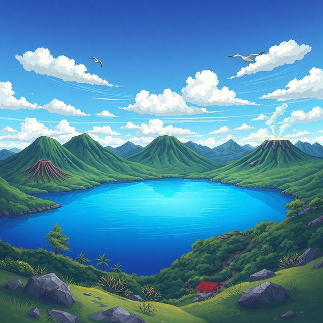 An illustration of a picturesque lake surrounded by mountains and volcanoes