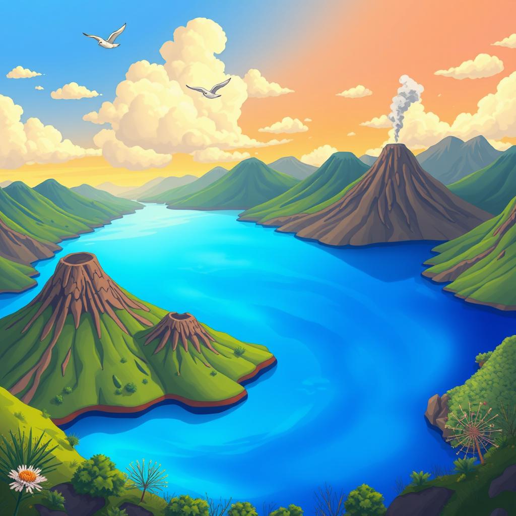 An illustration of a picturesque lake surrounded by mountains and volcanoes