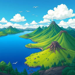 An illustration of a picturesque lake surrounded by mountains and volcanoes
