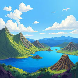 An illustration of a picturesque lake surrounded by mountains and volcanoes