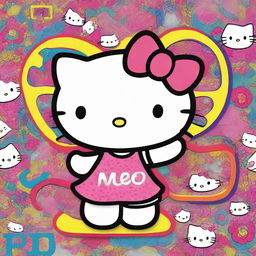 Vibrant, highly detailed portrayal of Hello Kitty, displaying intricate textures, as she happily holds up a large sign that reads 'Me'