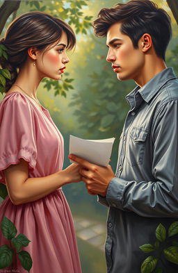 An oil painting depicting a 22-year-old girl, 5 feet 7 inches tall, wearing a soft pink frock