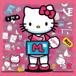 Vibrant, highly detailed portrayal of Hello Kitty, displaying intricate textures, as she happily holds up a large sign that reads 'Me'