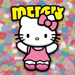 Vibrant, highly detailed portrayal of Hello Kitty, displaying intricate textures, as she happily holds up a large sign that reads 'Me'