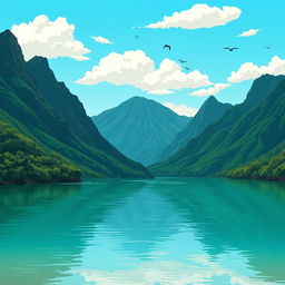 An illustration of a serene lake surrounded by majestic mountains and towering volcanoes
