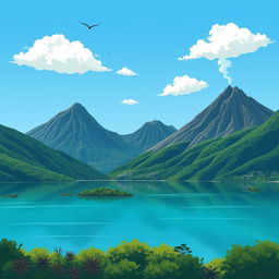 An illustration of a serene lake surrounded by majestic mountains and towering volcanoes
