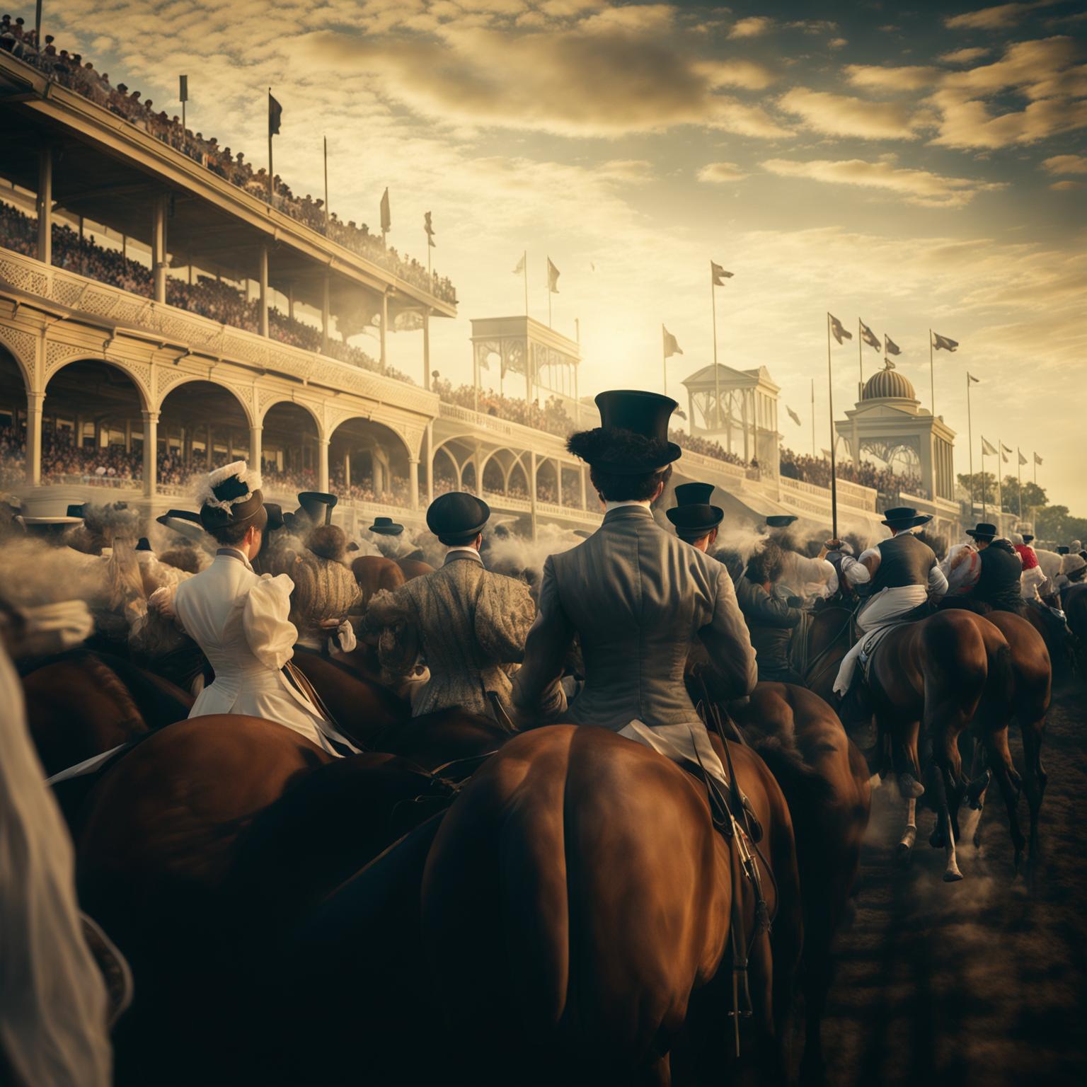 Victorian-era horse racing event during golden hour on a beautiful summer's day captured through a wide-angle lens with spectators cheering and waving tickets from viewing stands