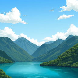 An illustration of a serene lake surrounded by majestic mountains and towering volcanoes