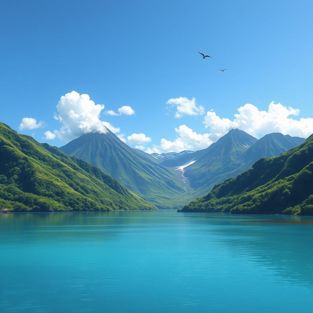 An illustration of a serene lake surrounded by majestic mountains and towering volcanoes