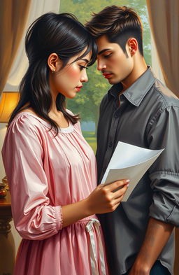 An oil painting depicting a 22-year-old girl, standing 5 feet 7 inches tall, in a soft pink frock, holding a love letter with tears glistening in her eyes, expressing deep disappointment