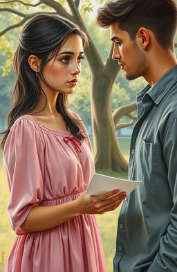 An oil painting depicting a 22-year-old girl, standing 5 feet 7 inches tall, in a soft pink frock, holding a love letter with tears glistening in her eyes, expressing deep disappointment
