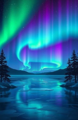 A serene and beautiful northern lights scene, showcasing vibrant colors of green, purple, and blue streaking across a starry night sky
