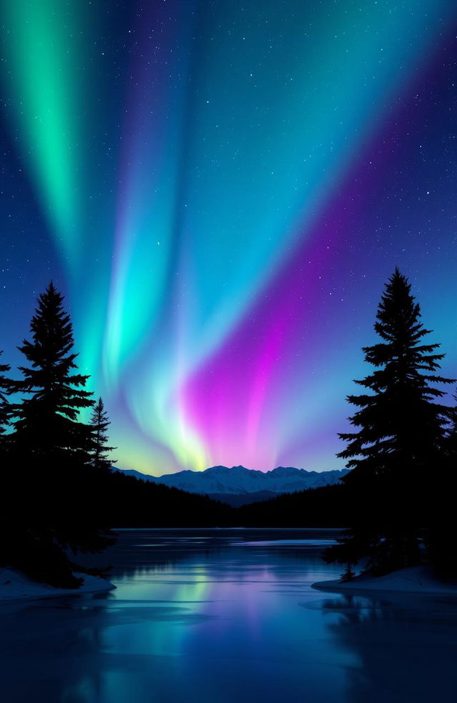 A serene and beautiful northern lights scene, showcasing vibrant colors of green, purple, and blue streaking across a starry night sky