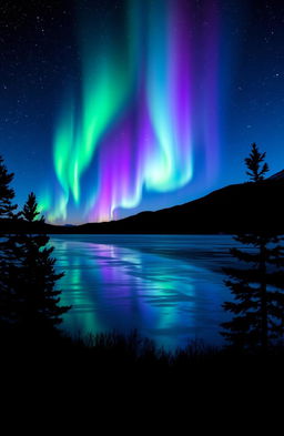 A serene and beautiful northern lights scene, showcasing vibrant colors of green, purple, and blue streaking across a starry night sky