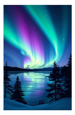 A serene and beautiful northern lights scene, showcasing vibrant colors of green, purple, and blue streaking across a starry night sky