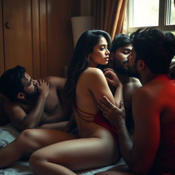 An intimate and soft-focused scene in a hostel room featuring Kiara Advani, a captivating Indian actress, artistically posed while completely naked, showcasing her side profile