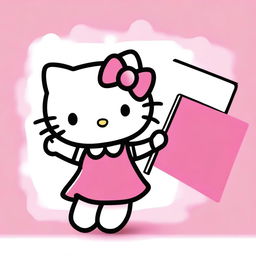 A vivid image of Hello Kitty, cheerfully holding up a big, blank sign.