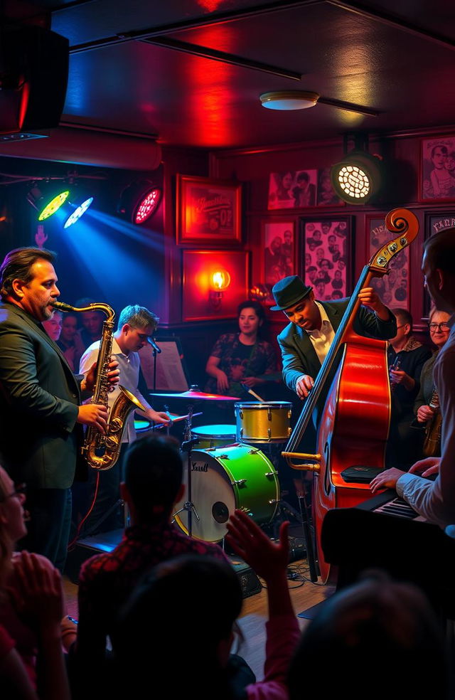 A vibrant scene of a lively jazz band performing on stage