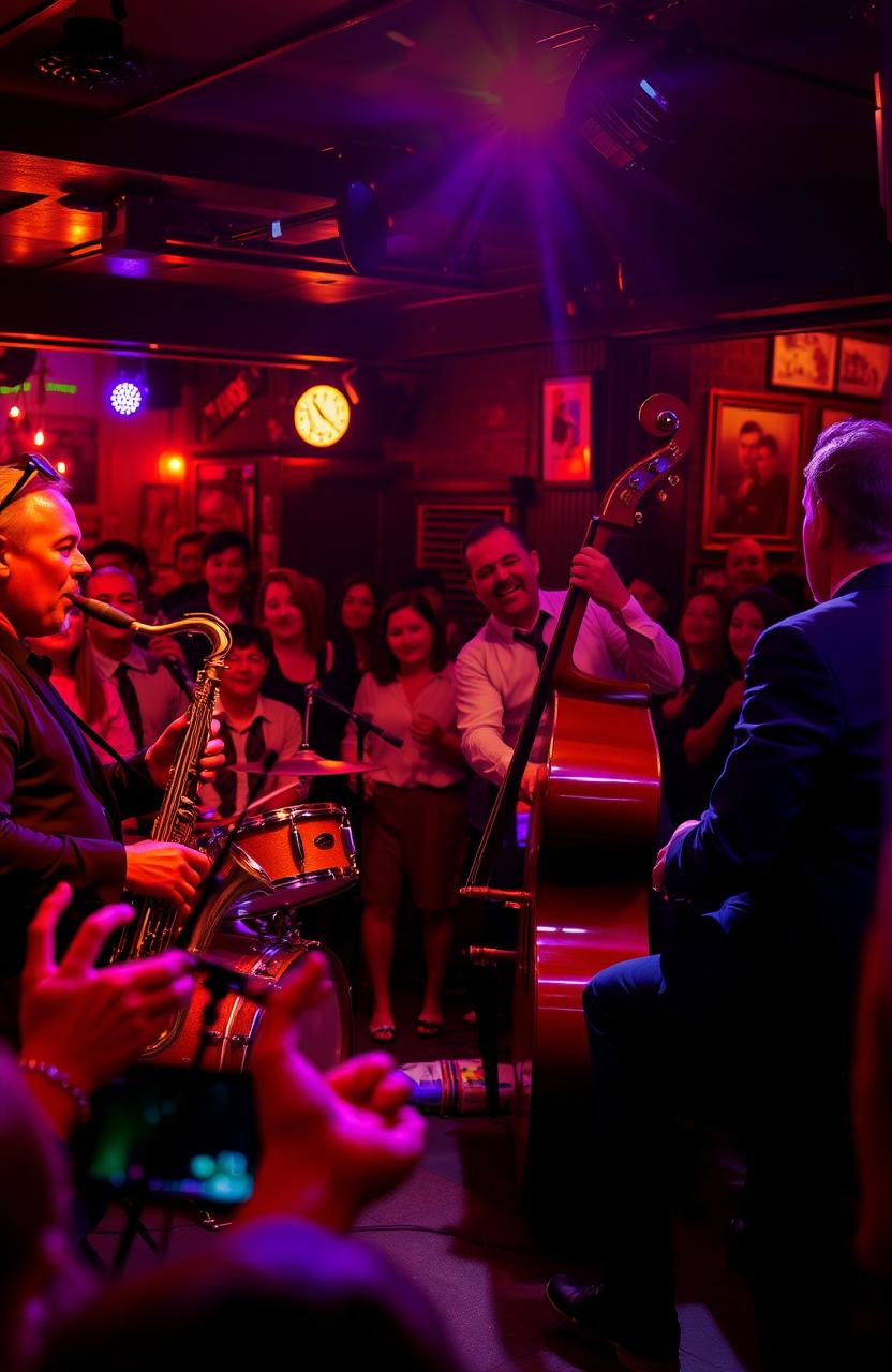 A vibrant scene of a lively jazz band performing on stage