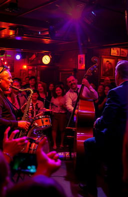 A vibrant scene of a lively jazz band performing on stage