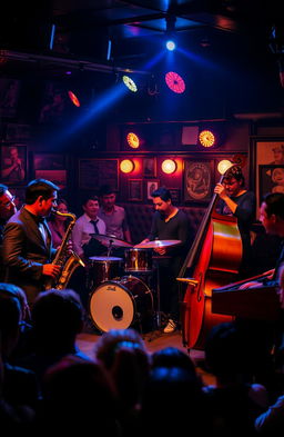 A vibrant scene of a lively jazz band performing on stage