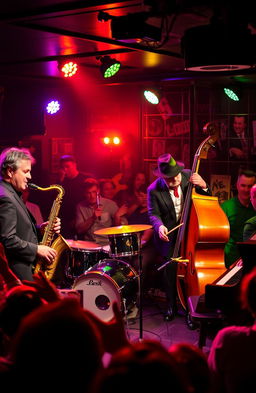 A vibrant scene of a lively jazz band performing on stage