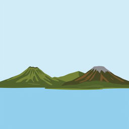 A simplistic illustration of a lake surrounded by mountains and volcanoes