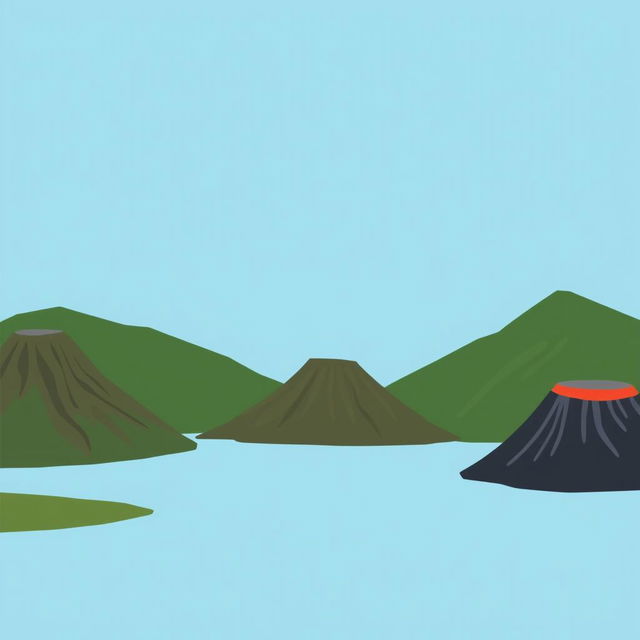 A simplistic illustration of a lake surrounded by mountains and volcanoes