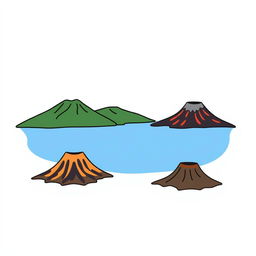 A simplistic illustration of a lake surrounded by mountains and volcanoes
