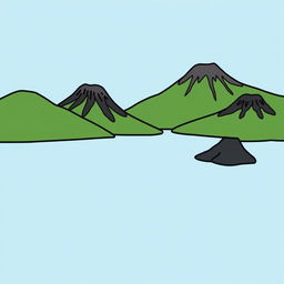 A simplistic illustration of a lake surrounded by mountains and volcanoes