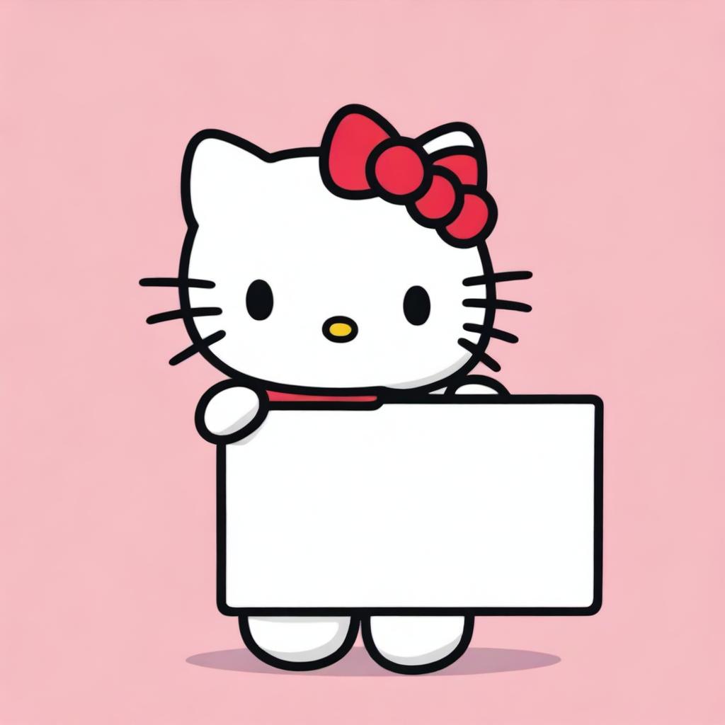 A vivid image of Hello Kitty, cheerfully holding up a big, blank sign.