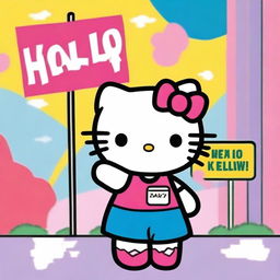 A colorful rendition of the beloved character, Hello Kitty, holding up a sizable sign with enthusiasm.