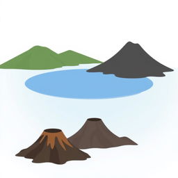 A simplistic illustration of a lake surrounded by mountains and volcanoes