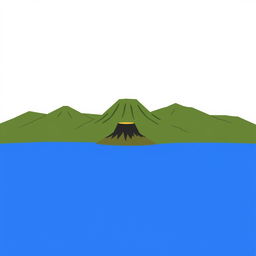 A simplistic illustration of a lake surrounded by mountains and volcanoes