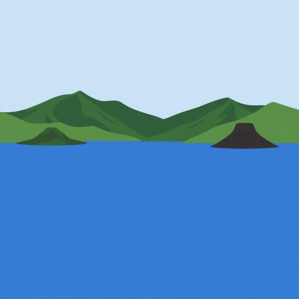 A simplistic illustration of a lake surrounded by mountains and volcanoes